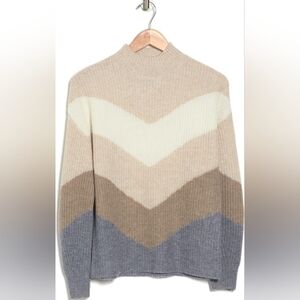 Griffen Chevron Mock Neck Wool & Cashmere Sweater Size XL cream, tan, blue